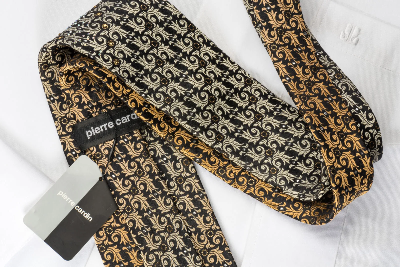 Pierre Cardin Rhinestone Necktie Golden Leaf On Black With Silver Sparkles
