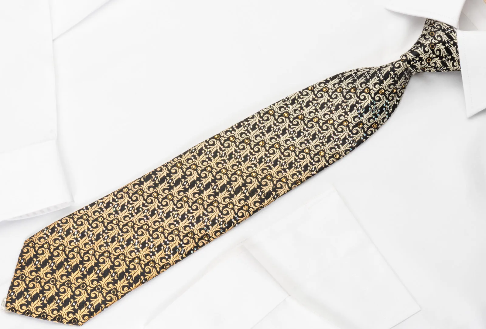 Pierre Cardin Rhinestone Necktie Golden Leaf On Black With Silver Sparkles