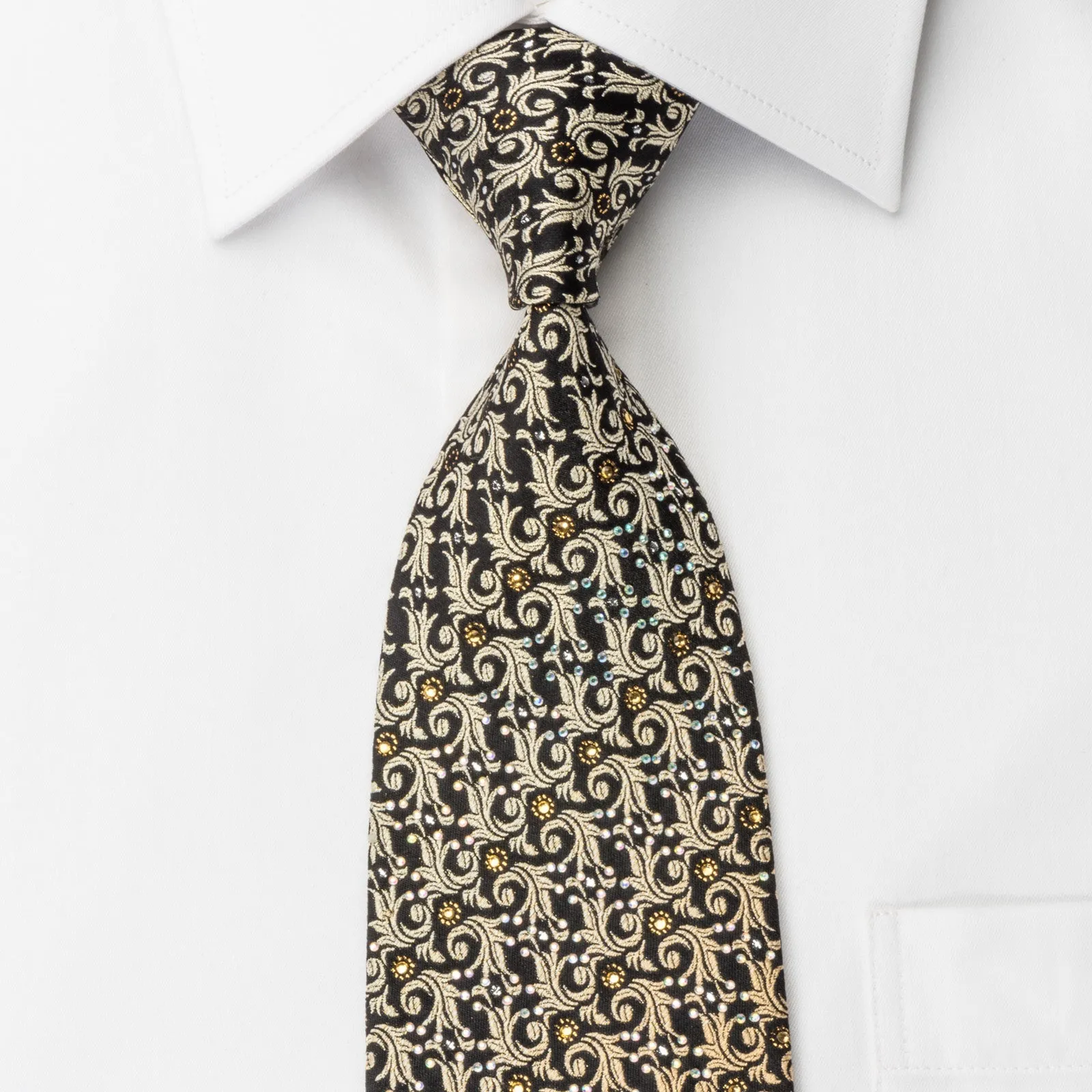 Pierre Cardin Rhinestone Necktie Golden Leaf On Black With Silver Sparkles