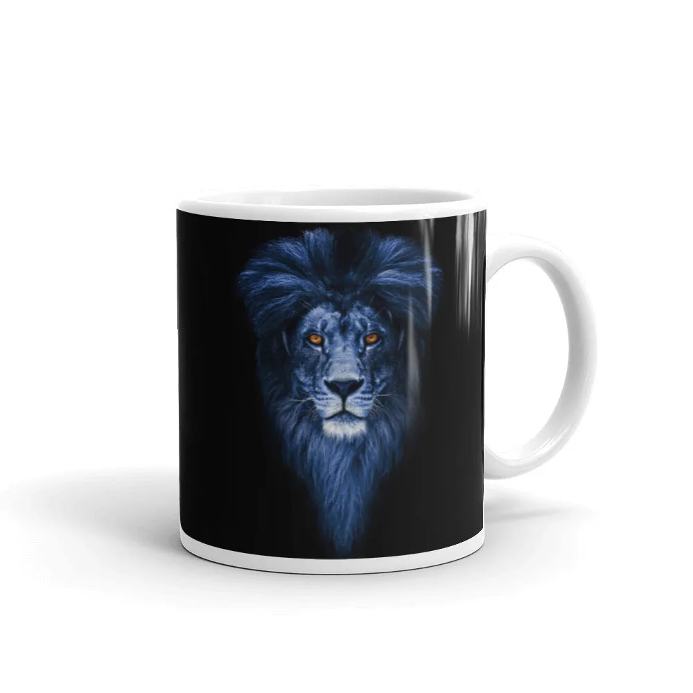 Regal Majesty: Portrait Blue Lion on White Mug
