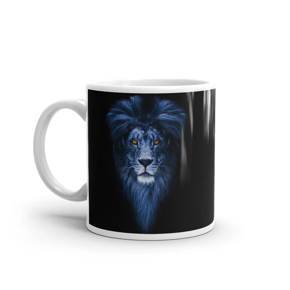 Regal Majesty: Portrait Blue Lion on White Mug