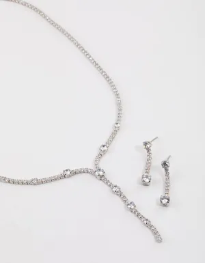 Rhodium Cubic Zirconia Mixed Diamante Y-Necklace & Earrings Set