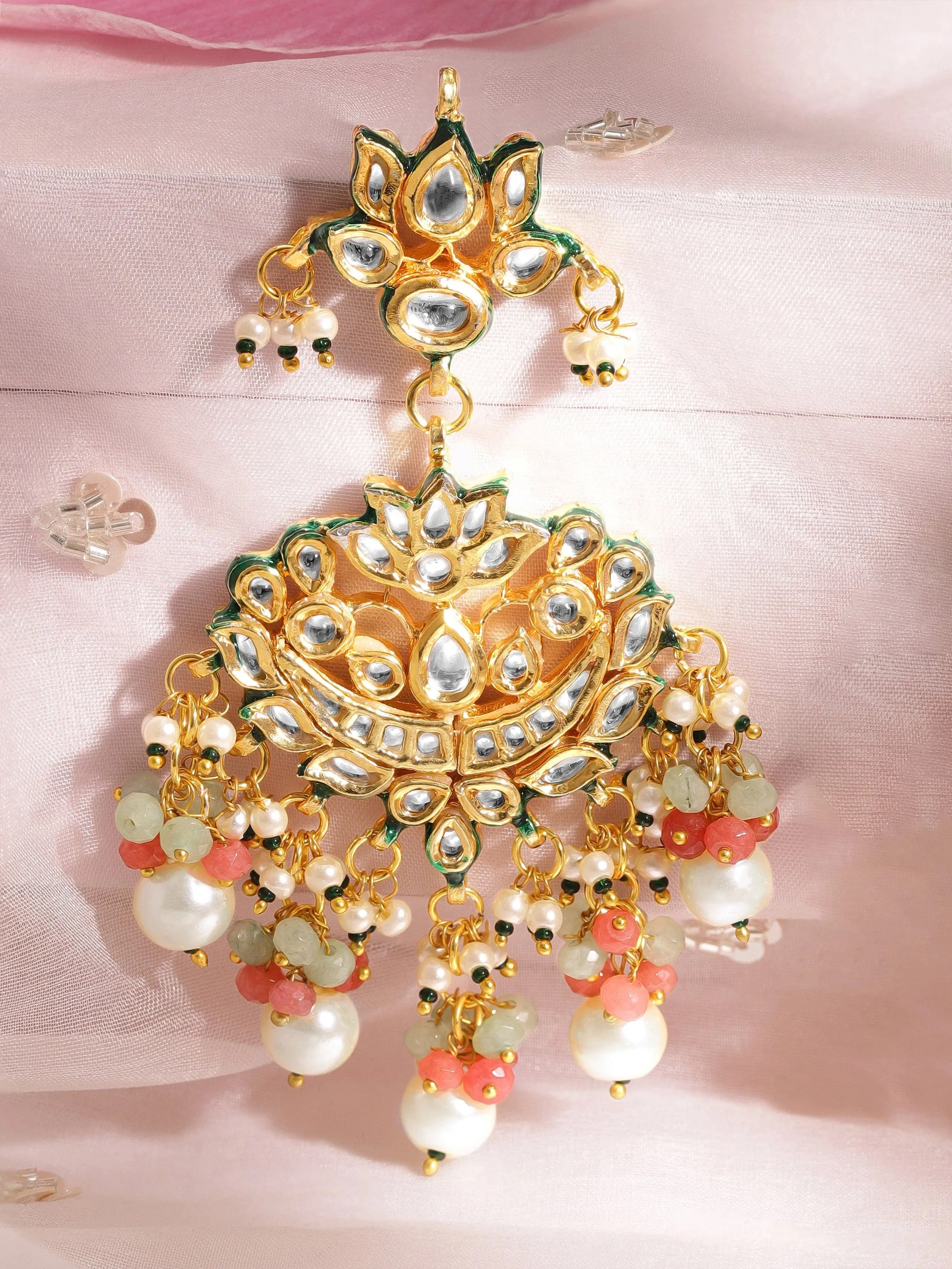 Rubans 22K Gold plated Kundan crystal with baroque pearls and pastel beaded statement Regal Chandbali Earrings