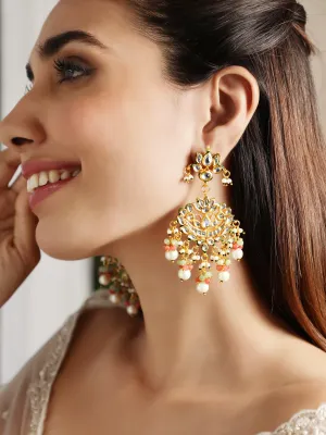 Rubans 22K Gold plated Kundan crystal with baroque pearls and pastel beaded statement Regal Chandbali Earrings