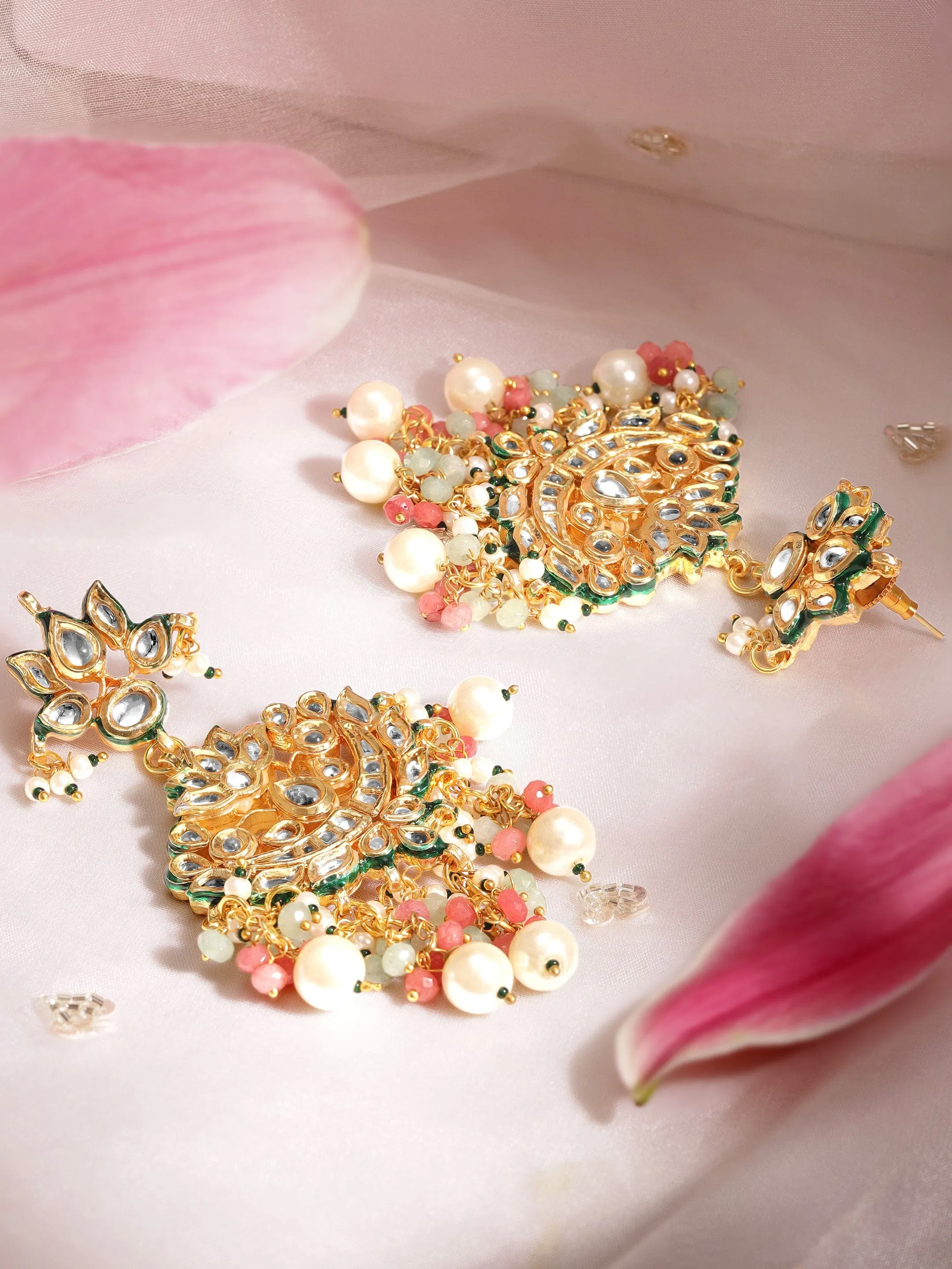 Rubans 22K Gold plated Kundan crystal with baroque pearls and pastel beaded statement Regal Chandbali Earrings