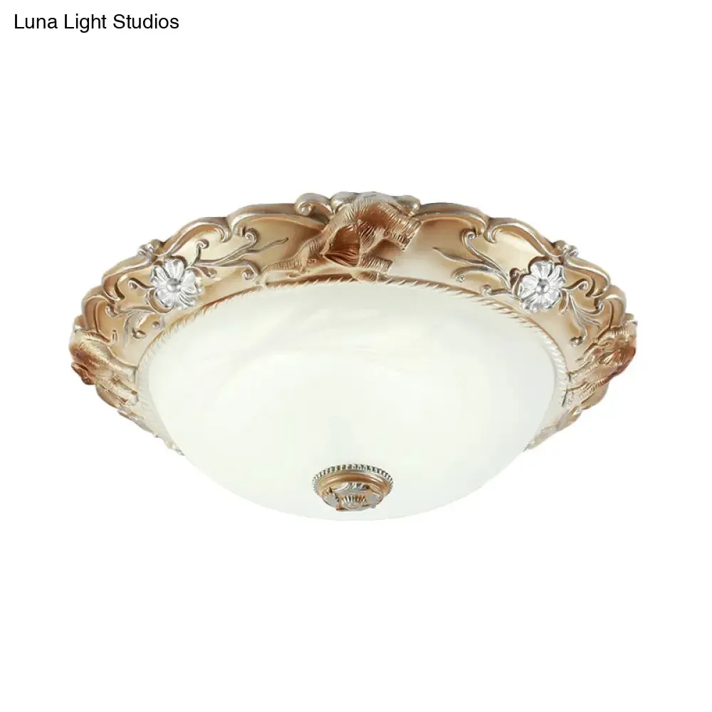 Rustic White Glass Bowl Flush Mount Light with Carved Edge - 2/3 Bulbs - 13"/17" Wide