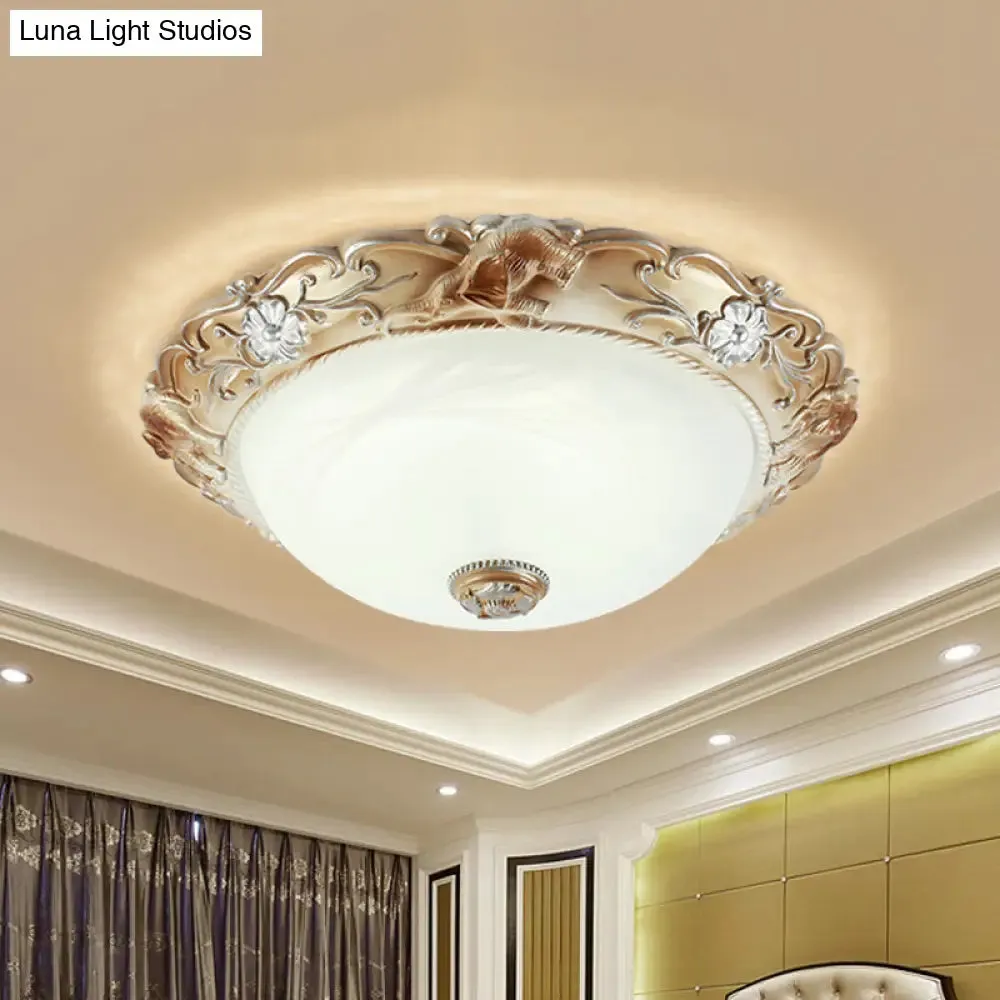 Rustic White Glass Bowl Flush Mount Light with Carved Edge - 2/3 Bulbs - 13"/17" Wide
