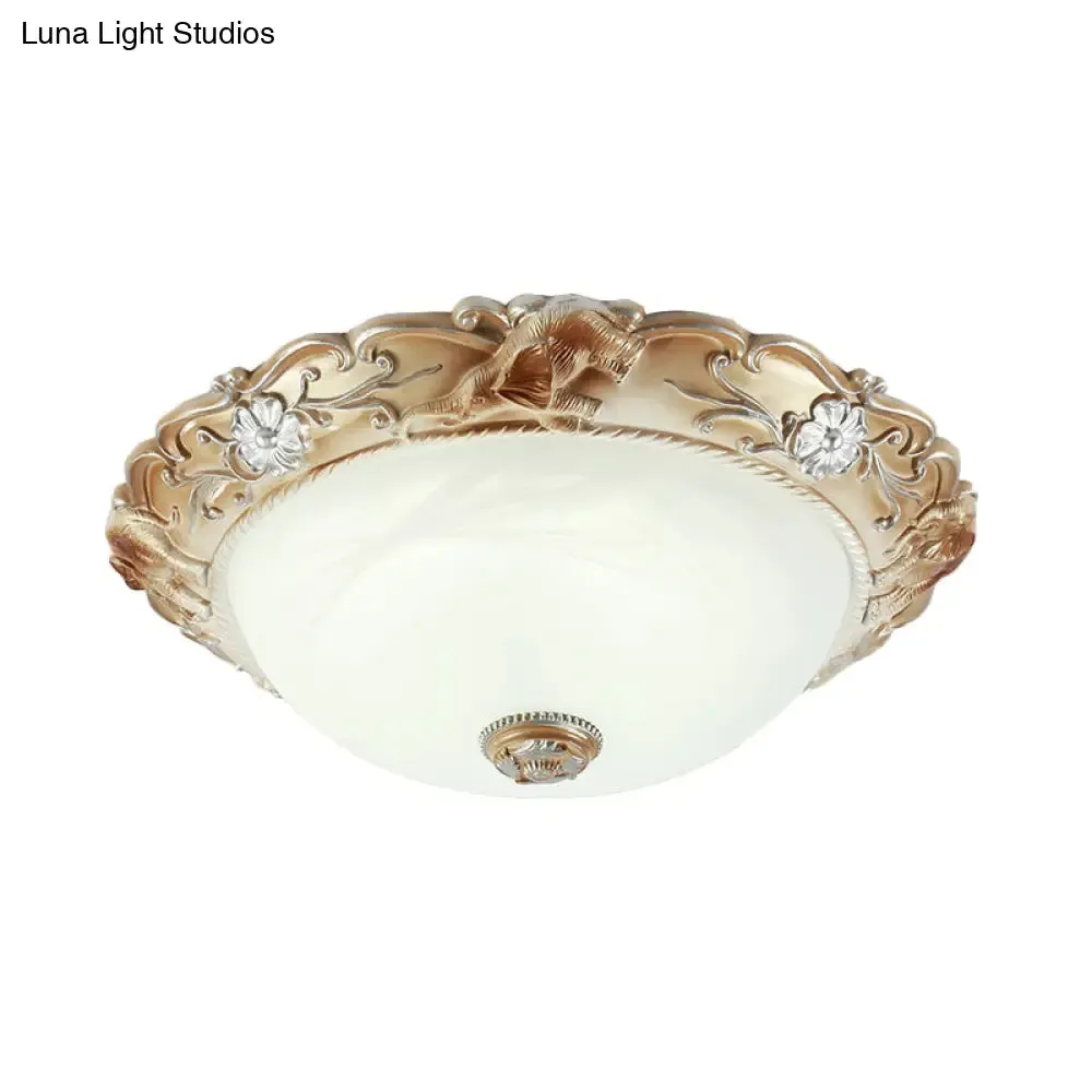 Rustic White Glass Bowl Flush Mount Light with Carved Edge - 2/3 Bulbs - 13"/17" Wide