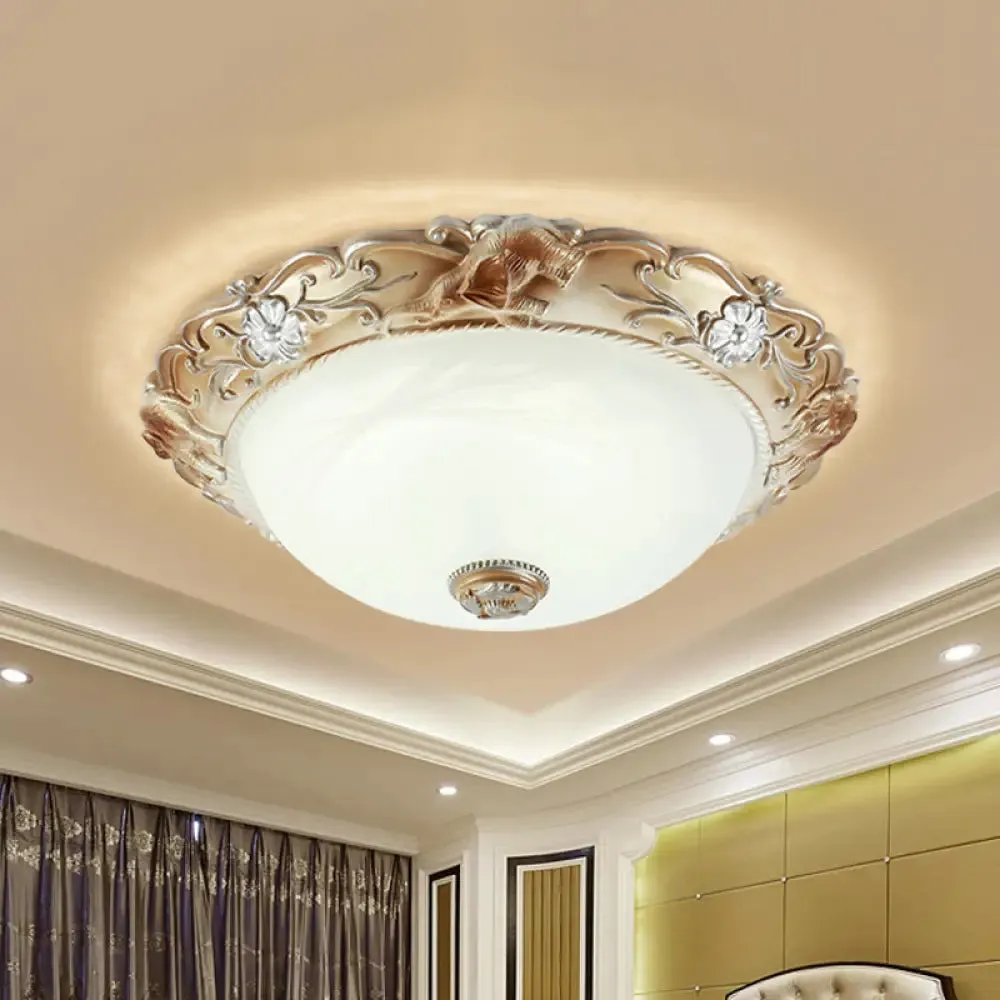 Rustic White Glass Bowl Flush Mount Light with Carved Edge - 2/3 Bulbs - 13"/17" Wide
