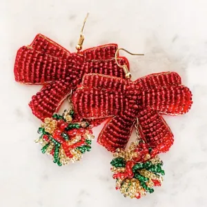 Seed Bead Bow & Pom Pom Earrings