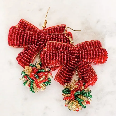 Seed Bead Bow & Pom Pom Earrings