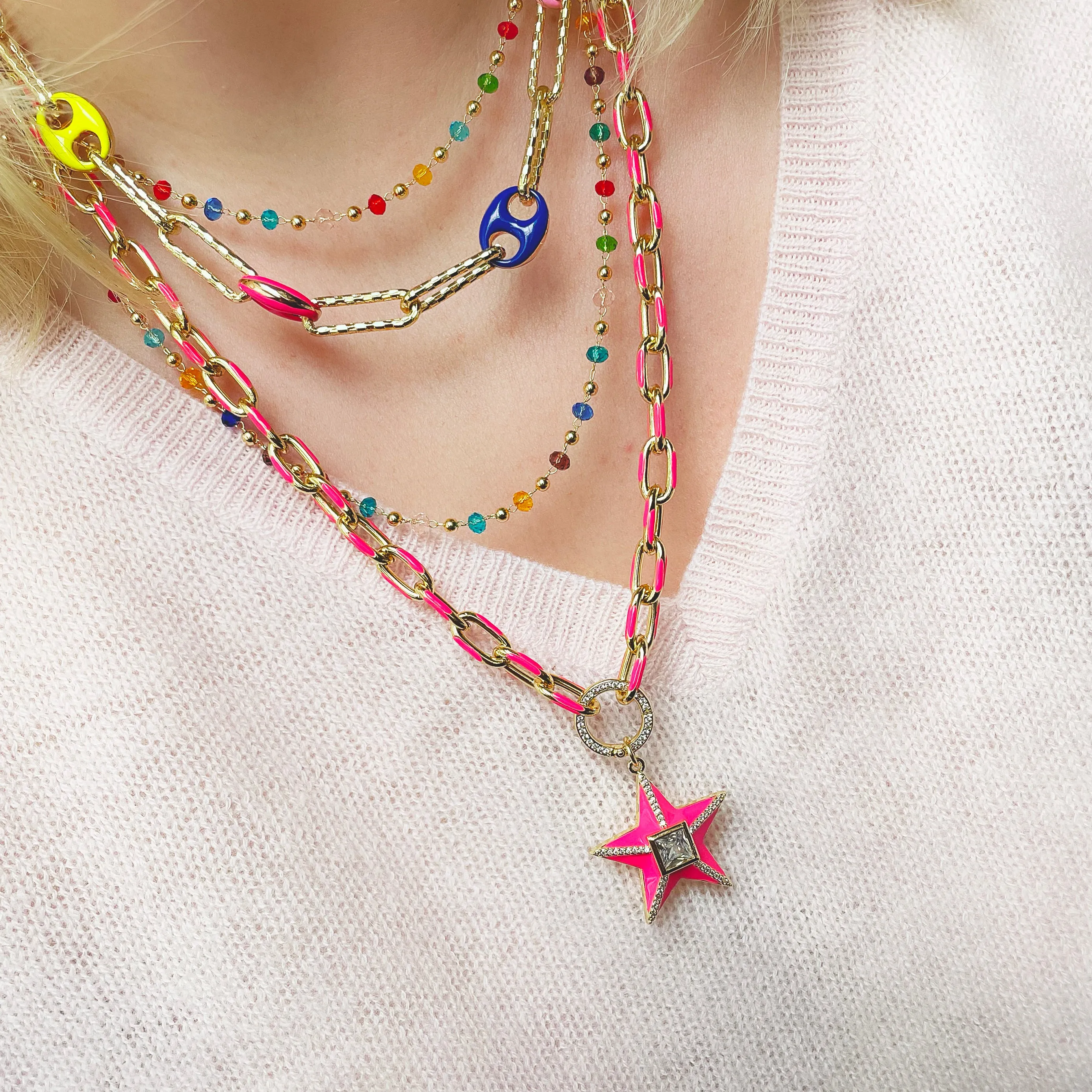 Shining Star - Neon Pink & Gold Necklace