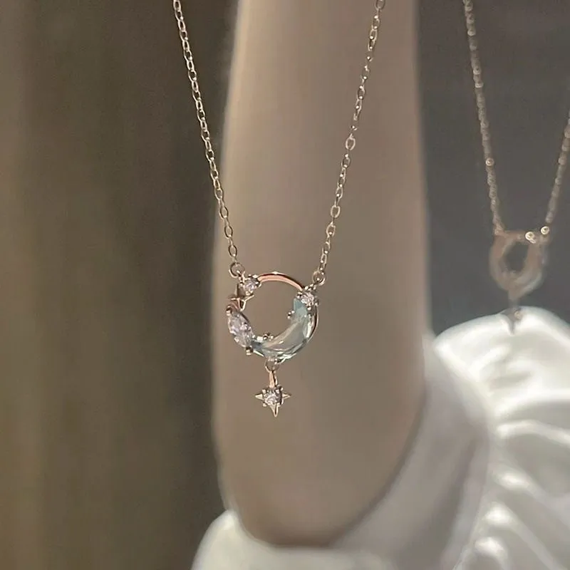 Silver Shining Moon Star Necklace