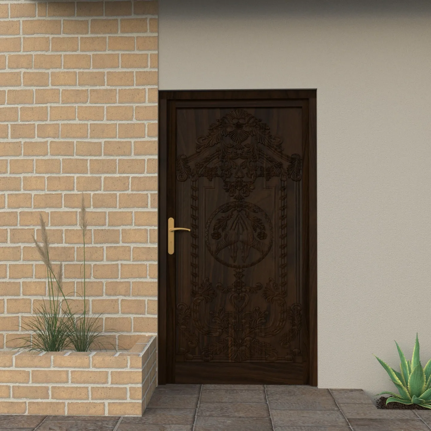 Solid Teak carved Namaste sign door with choukat
