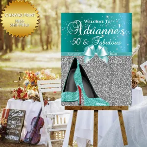 Stepping into 50 Welcome Custom Teal Canvas Sign
