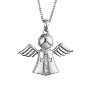 Sterling Silver Angel Cross Pendant Necklace with Bible Photo Locket Keepsake