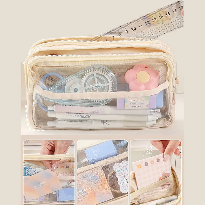 Student Three-Layer Zipper Pencil Bag Travel Toiletry Bag Transparent Simple Storage Box