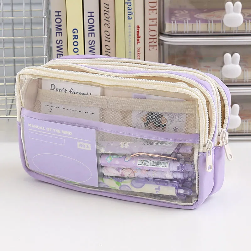 Student Three-Layer Zipper Pencil Bag Travel Toiletry Bag Transparent Simple Storage Box