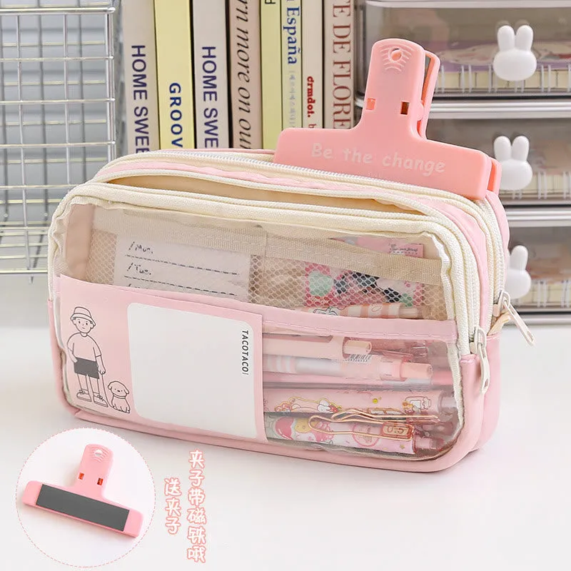 Student Three-Layer Zipper Pencil Bag Travel Toiletry Bag Transparent Simple Storage Box