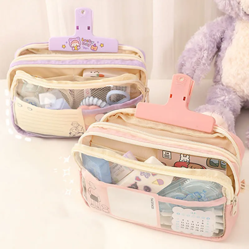 Student Three-Layer Zipper Pencil Bag Travel Toiletry Bag Transparent Simple Storage Box