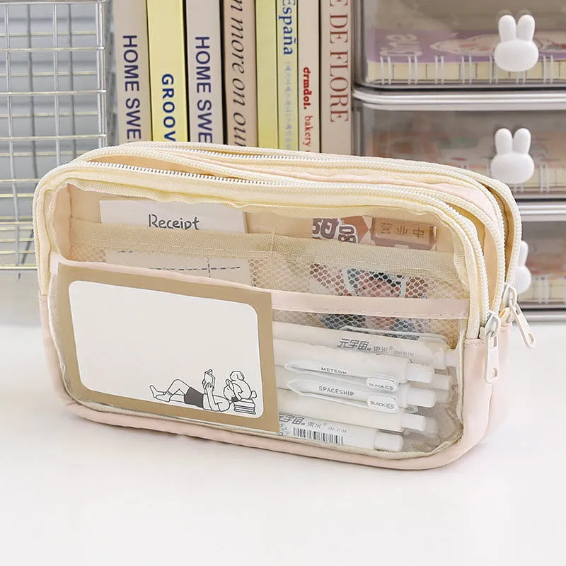 Student Three-Layer Zipper Pencil Bag Travel Toiletry Bag Transparent Simple Storage Box