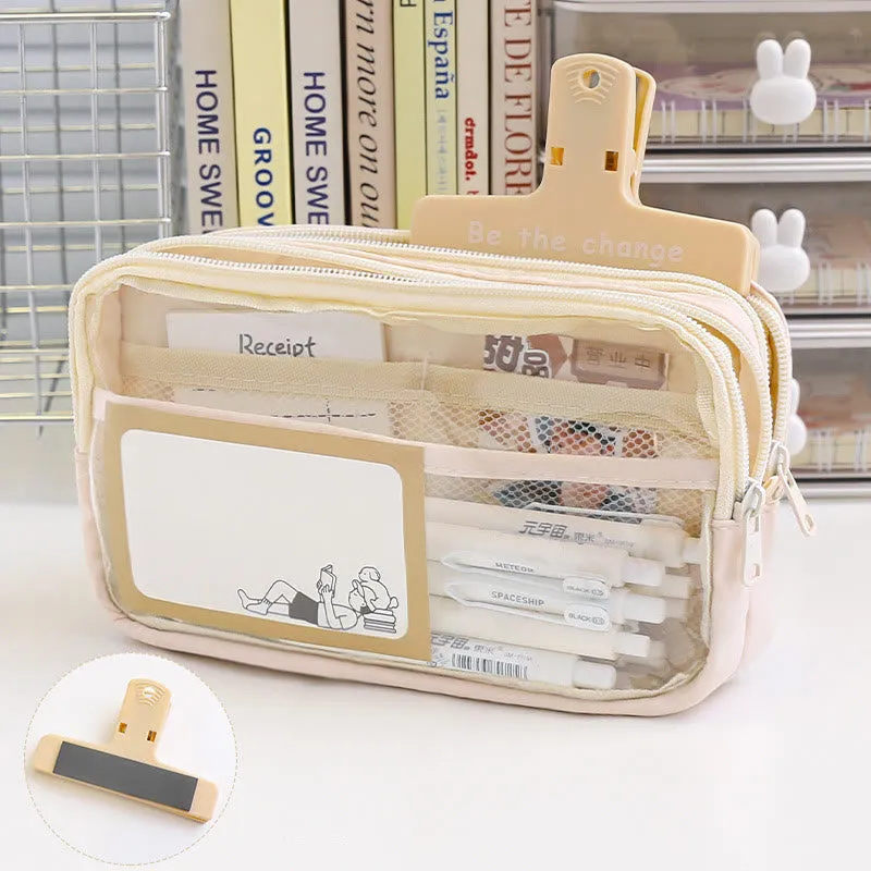 Student Three-Layer Zipper Pencil Bag Travel Toiletry Bag Transparent Simple Storage Box