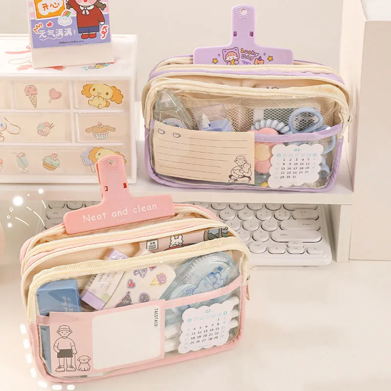 Student Three-Layer Zipper Pencil Bag Travel Toiletry Bag Transparent Simple Storage Box