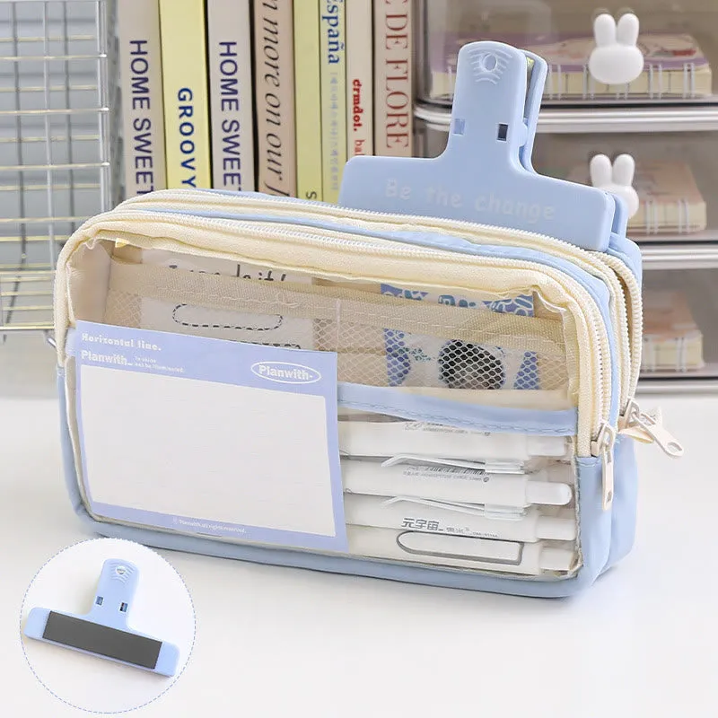 Student Three-Layer Zipper Pencil Bag Travel Toiletry Bag Transparent Simple Storage Box