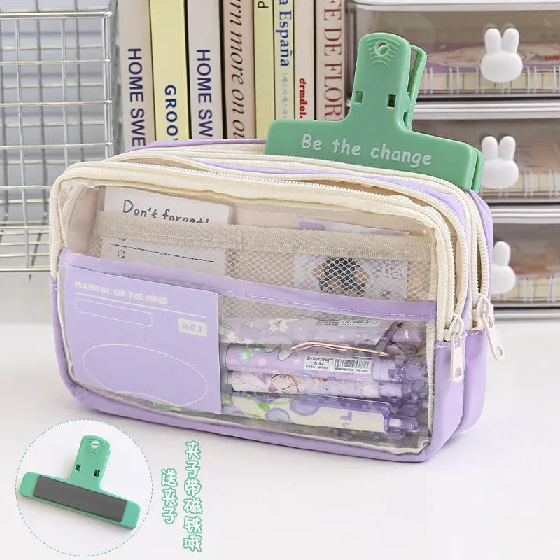 Student Three-Layer Zipper Pencil Bag Travel Toiletry Bag Transparent Simple Storage Box