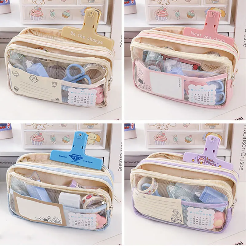Student Three-Layer Zipper Pencil Bag Travel Toiletry Bag Transparent Simple Storage Box