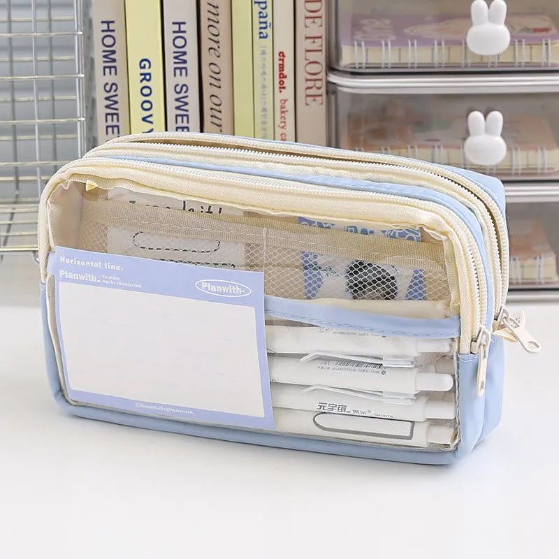 Student Three-Layer Zipper Pencil Bag Travel Toiletry Bag Transparent Simple Storage Box