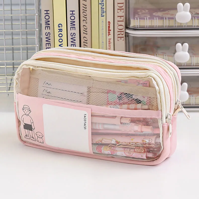 Student Three-Layer Zipper Pencil Bag Travel Toiletry Bag Transparent Simple Storage Box