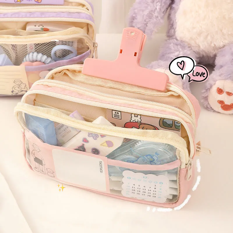 Student Three-Layer Zipper Pencil Bag Travel Toiletry Bag Transparent Simple Storage Box