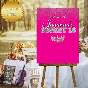 Sweet 16 hot pink welcome guestbook canvas sign