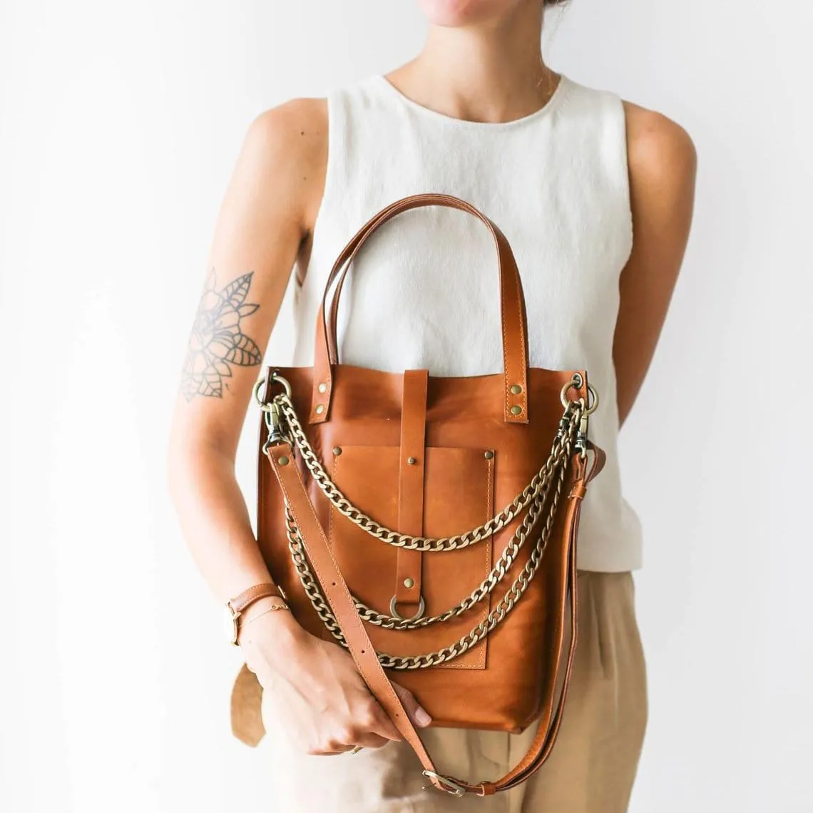 Tan Medium Leather Tote Bag