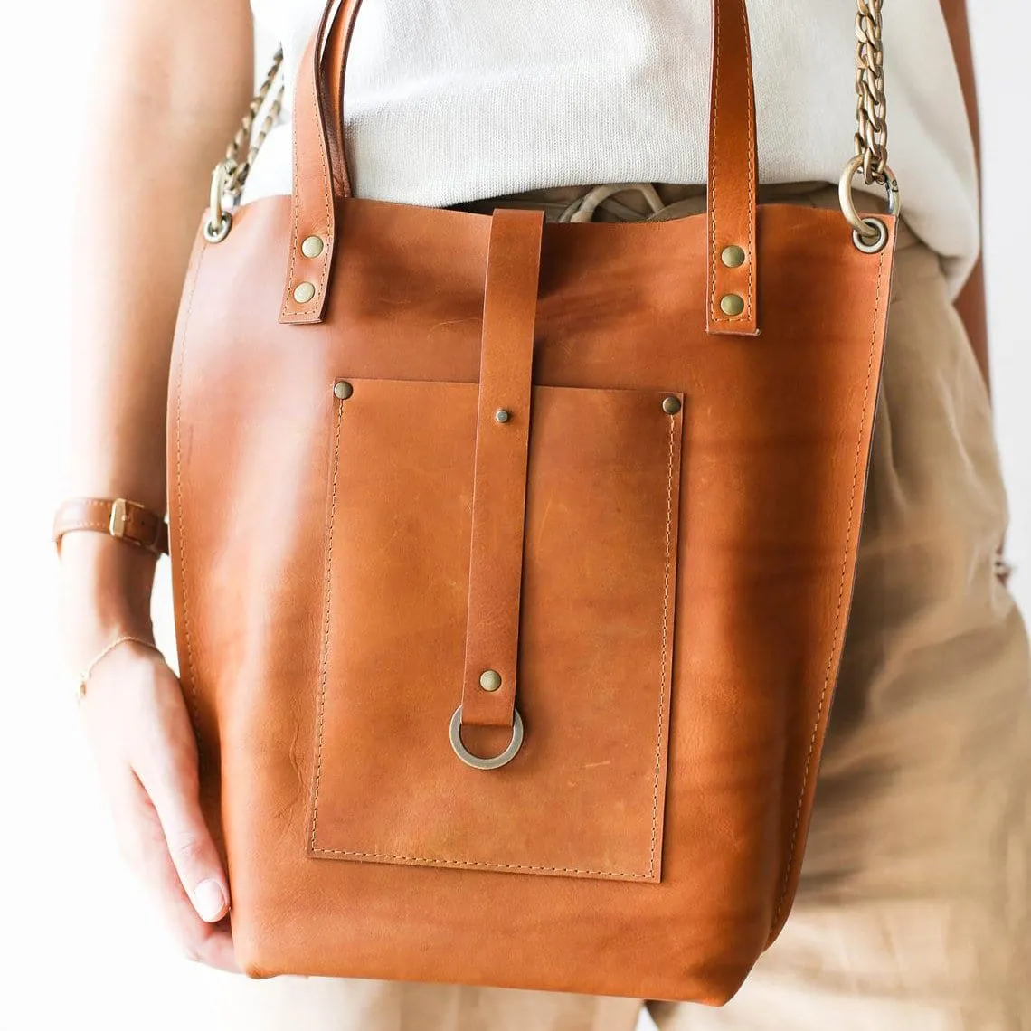 Tan Medium Leather Tote Bag