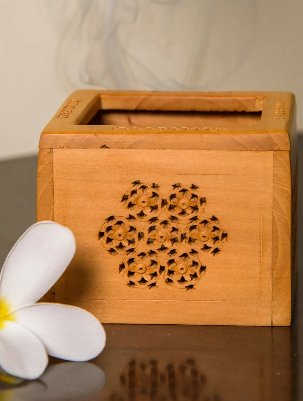 The India Craft House Wooden Jaali Tealight Cover- Square