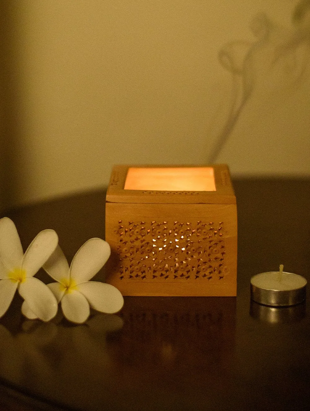 The India Craft House Wooden Jaali Tealight Cover- Square