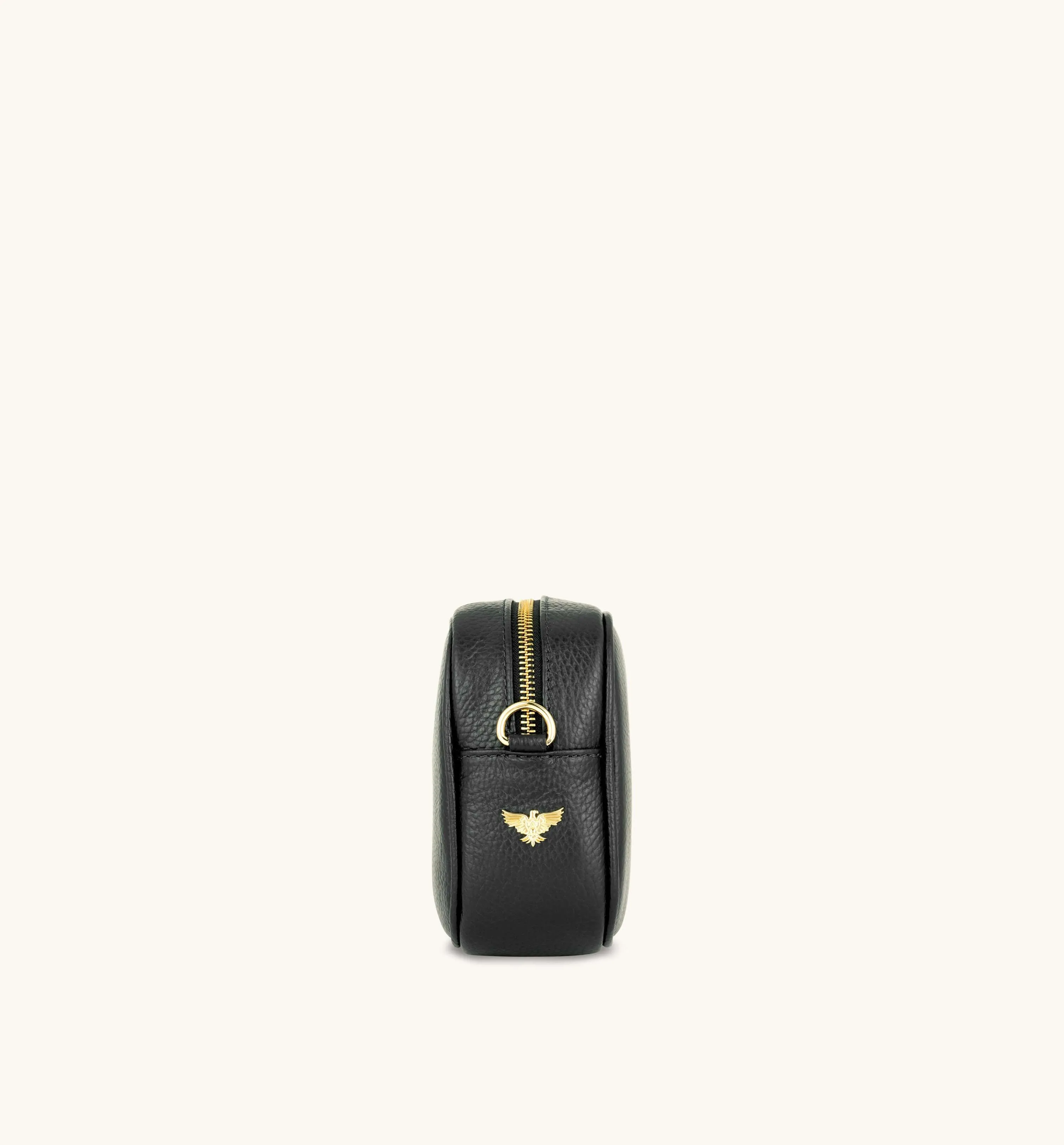 The Tassel Black Leather Crossbody Bag With Orange & Gold Stripe Camo Strap