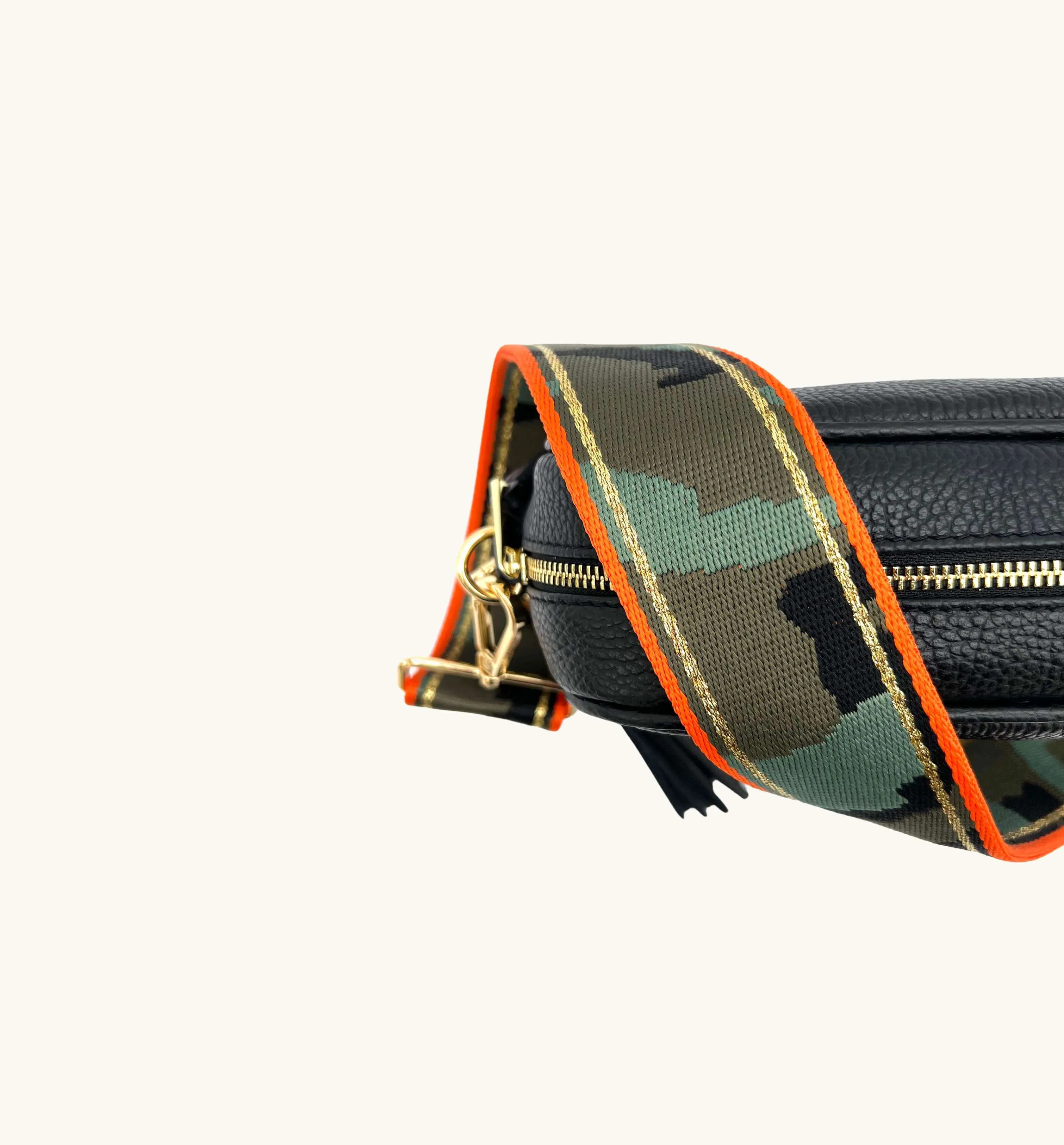 The Tassel Black Leather Crossbody Bag With Orange & Gold Stripe Camo Strap
