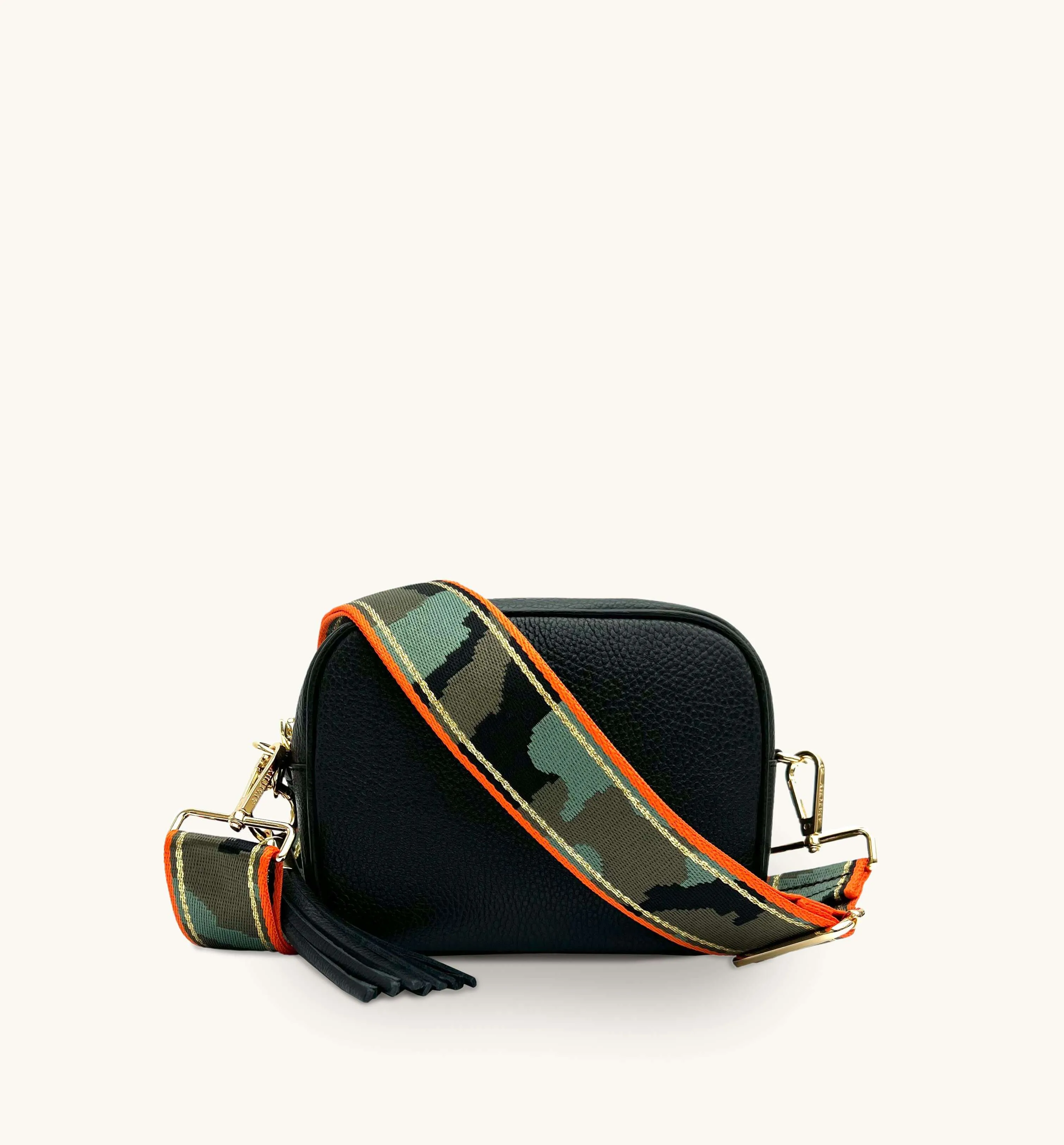 The Tassel Black Leather Crossbody Bag With Orange & Gold Stripe Camo Strap
