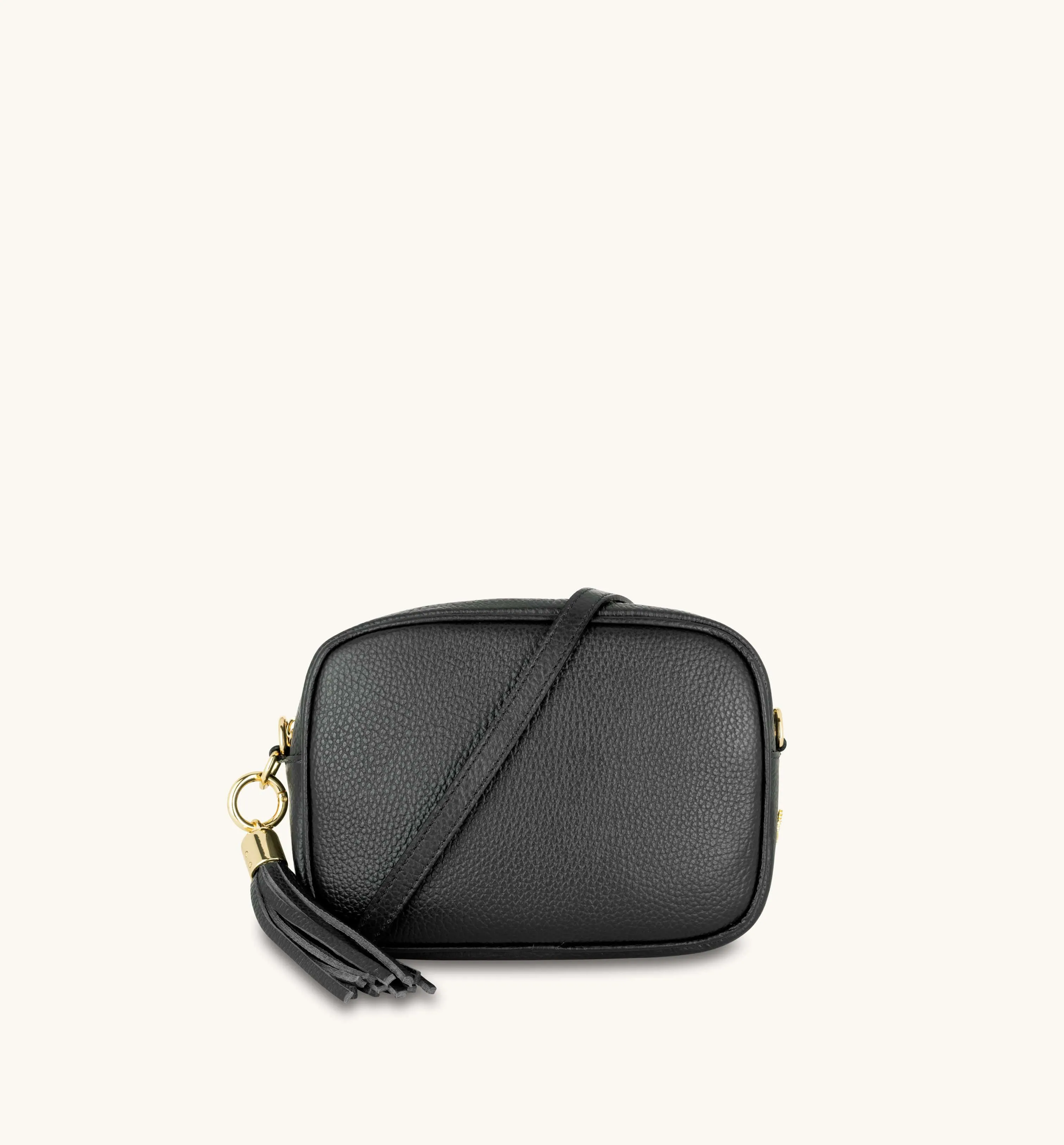 The Tassel Black Leather Crossbody Bag With Orange & Gold Stripe Camo Strap