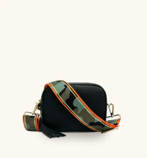 The Tassel Black Leather Crossbody Bag With Orange & Gold Stripe Camo Strap