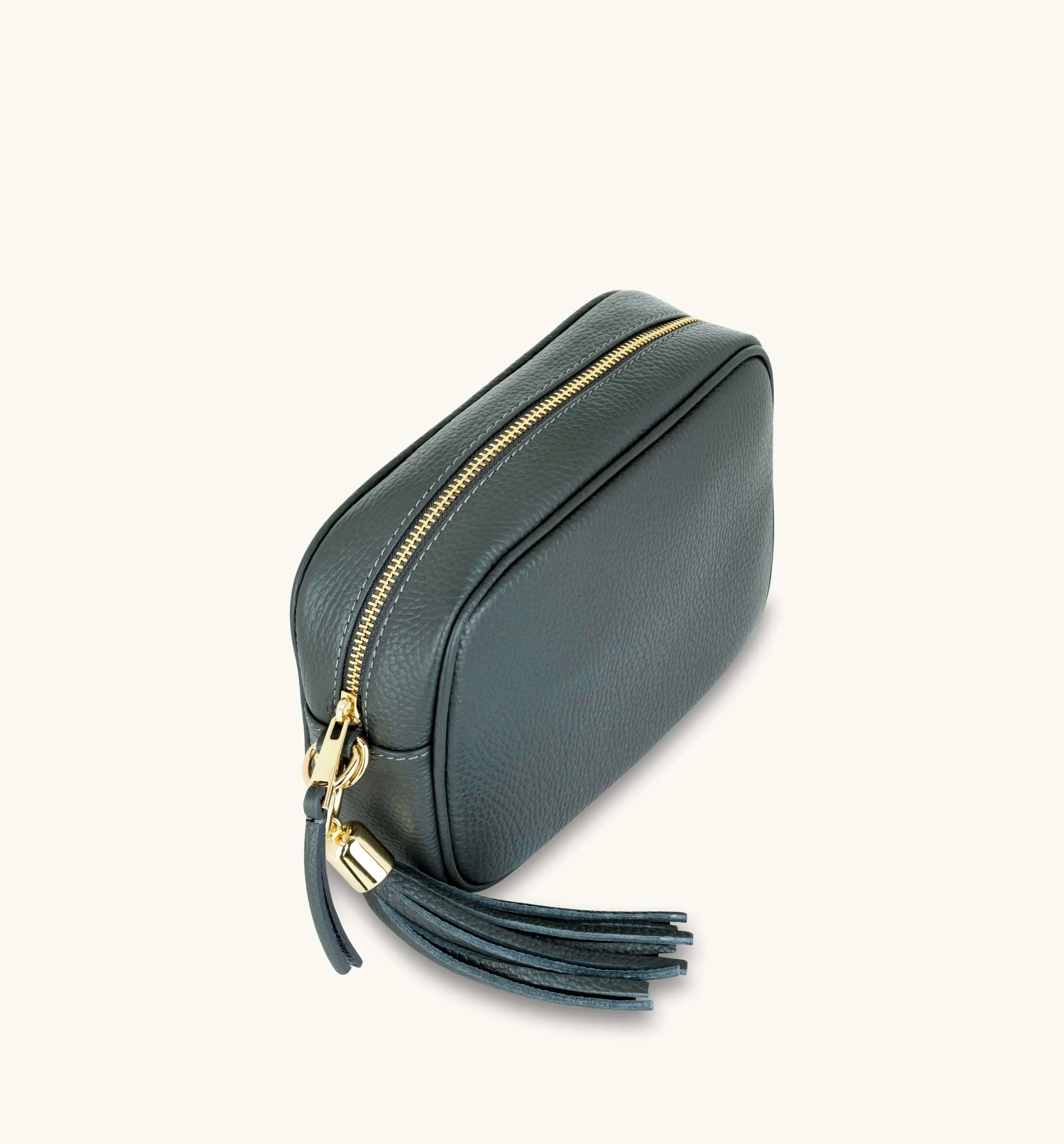 The Tassel Dark Grey Leather Crossbody Bag With Midnight Zigzag Strap