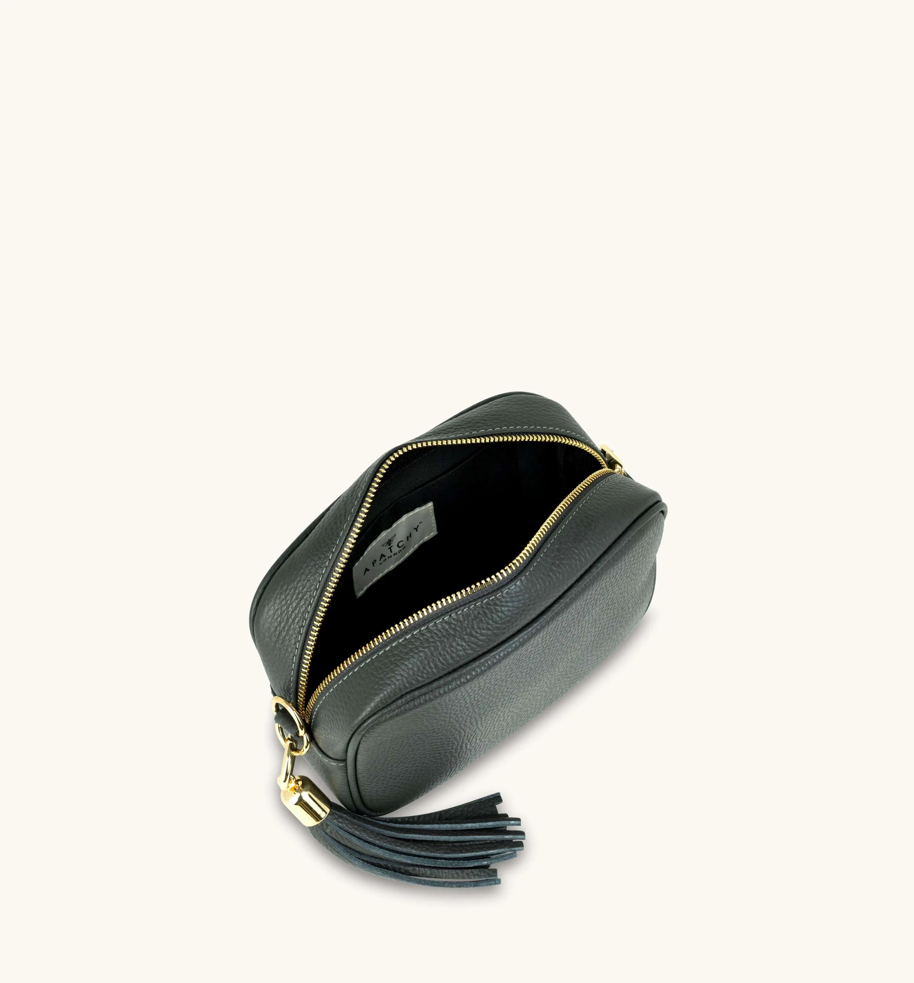 The Tassel Dark Grey Leather Crossbody Bag With Midnight Zigzag Strap
