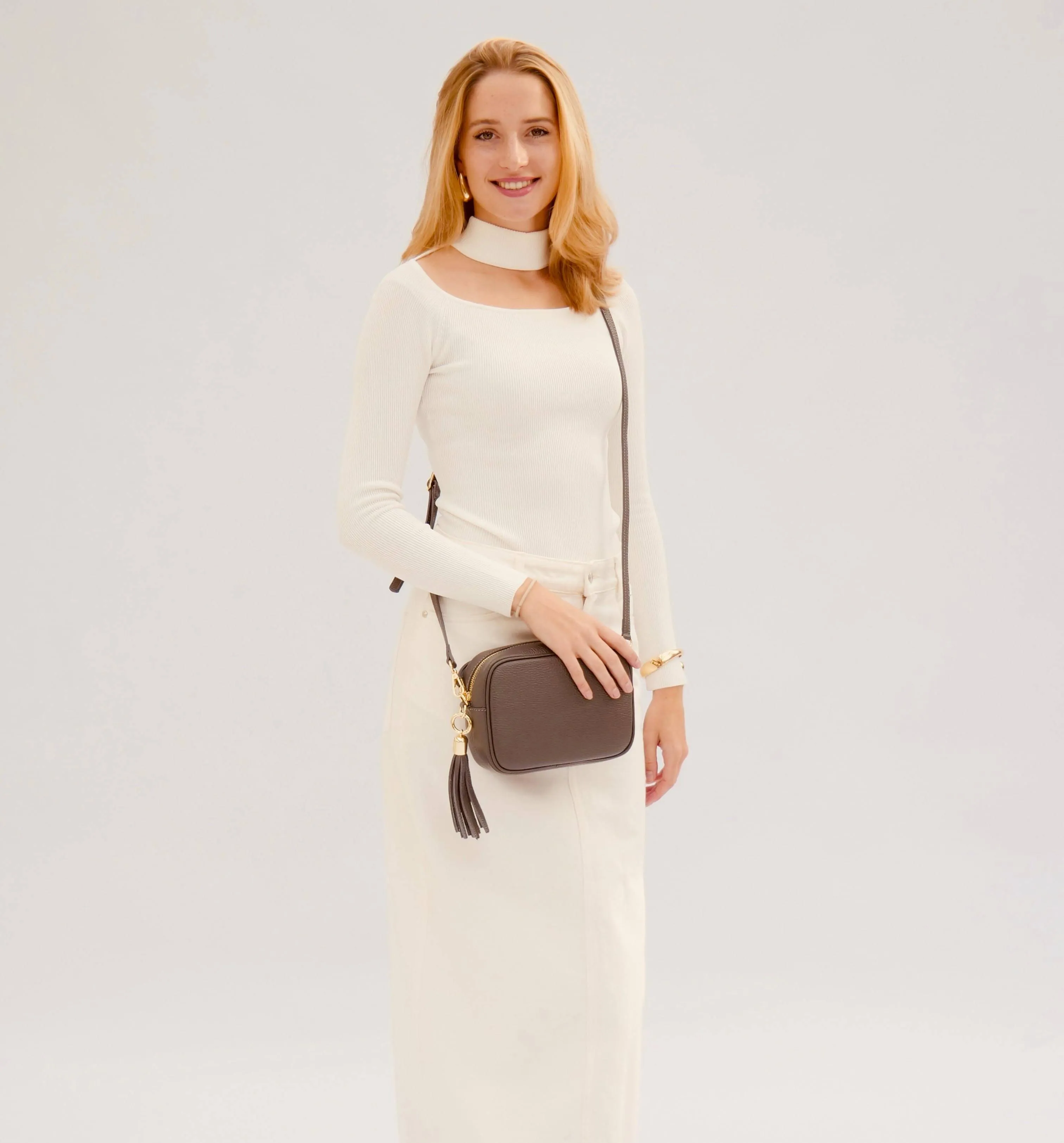 The Tassel Dark Grey Leather Crossbody Bag With Midnight Zigzag Strap