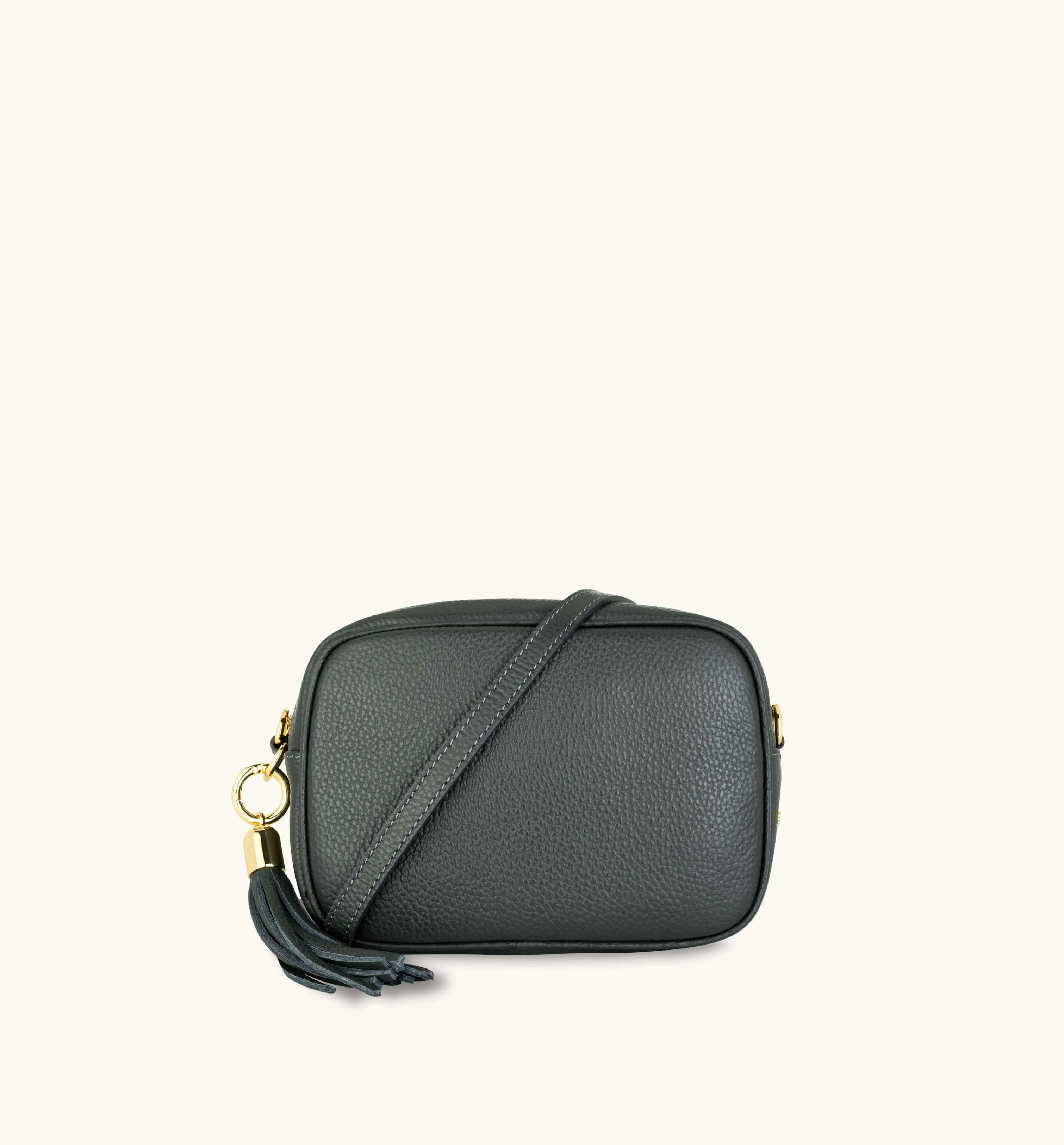 The Tassel Dark Grey Leather Crossbody Bag With Midnight Zigzag Strap