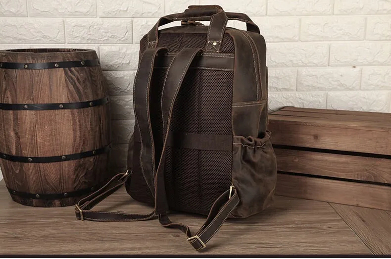 YAAGLE Men Brown Vintage Genuine Cow Leather 15 Inch Laptop Backpack YG8814