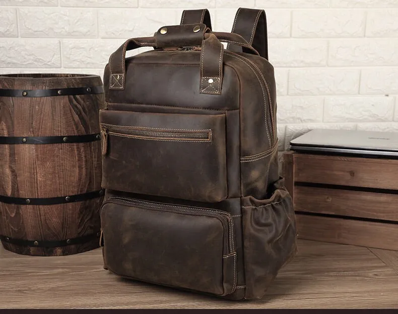YAAGLE Men Brown Vintage Genuine Cow Leather 15 Inch Laptop Backpack YG8814
