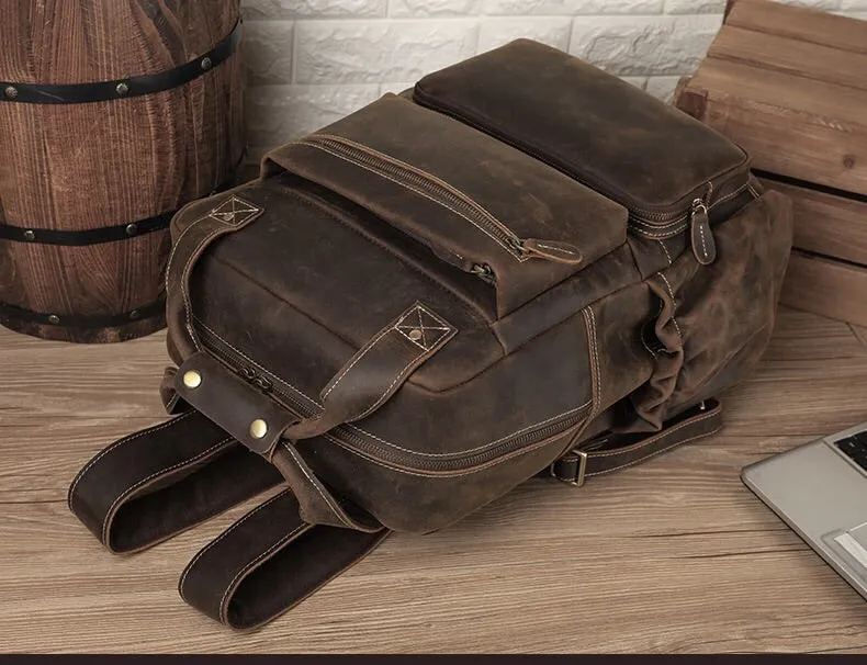 YAAGLE Men Brown Vintage Genuine Cow Leather 15 Inch Laptop Backpack YG8814